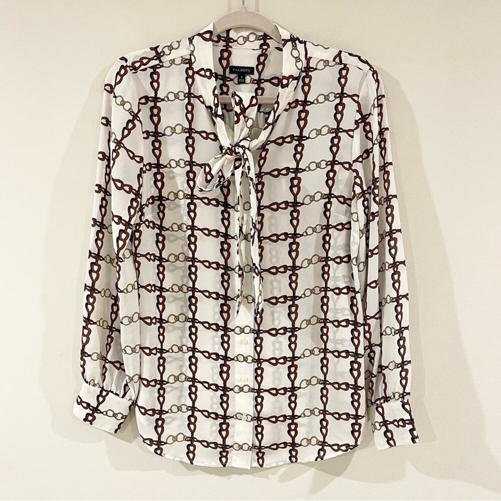 Talbots Crepe Tie Neck Top Blouse Chainlink Pattern Women’s size S Cram Brown